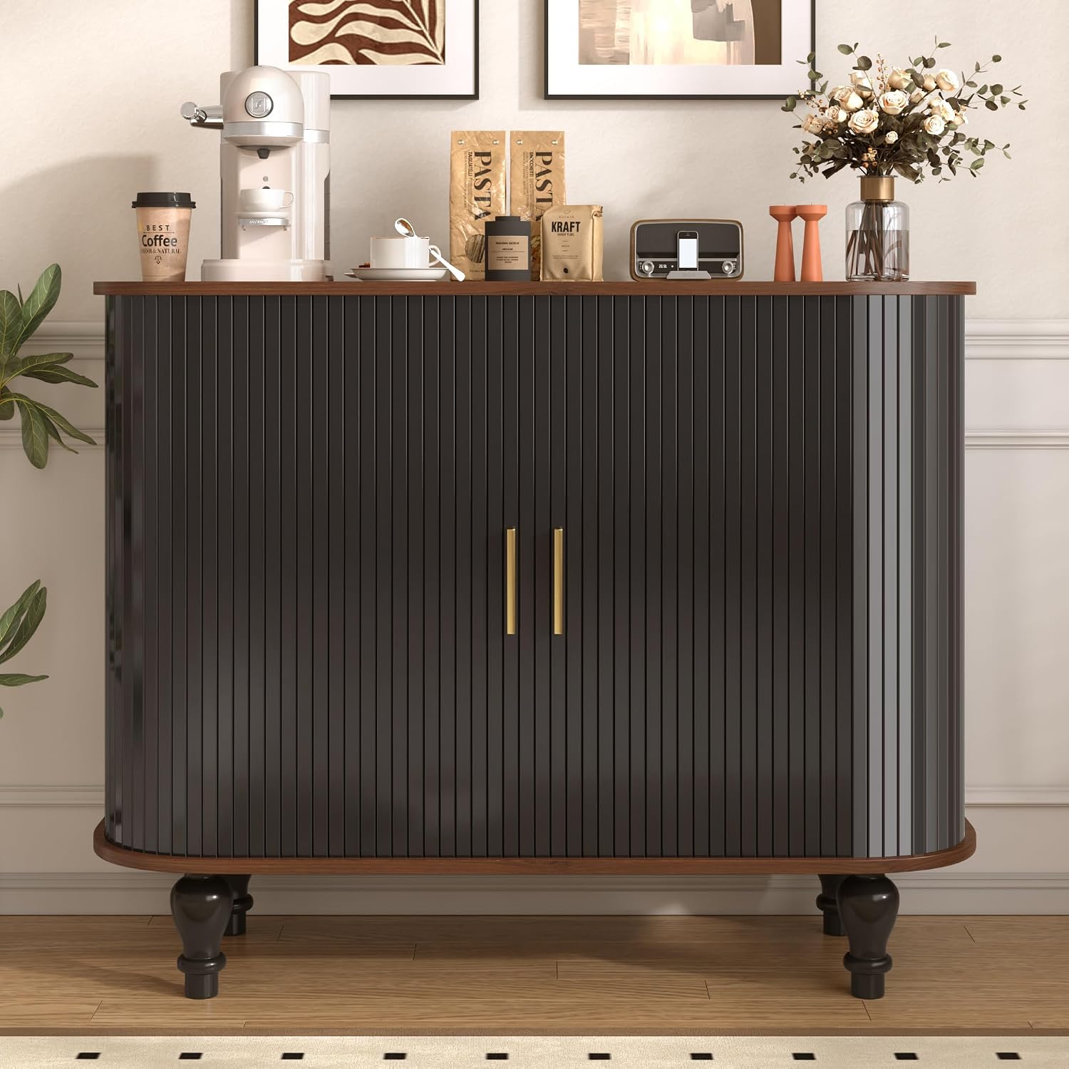 LUMISOL 39" Mid-Century Modern Fluted Wine Bar Cabinet, Wine and Coffee Bar Cabinet with 6-Bottle Wine Rack and 3 Glass Holders, Large Storage Drawer and Side Hidden Storage, Black