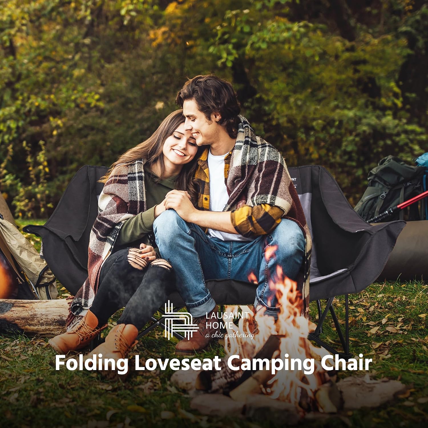 OUTSIDER Double Camping Chair, OversizedCamping Loveseat with Cup Holder, Heavy Duty PortableCamping Couch, Outdoor Double Folding Chair for Patio,Lawn and Garden, Black