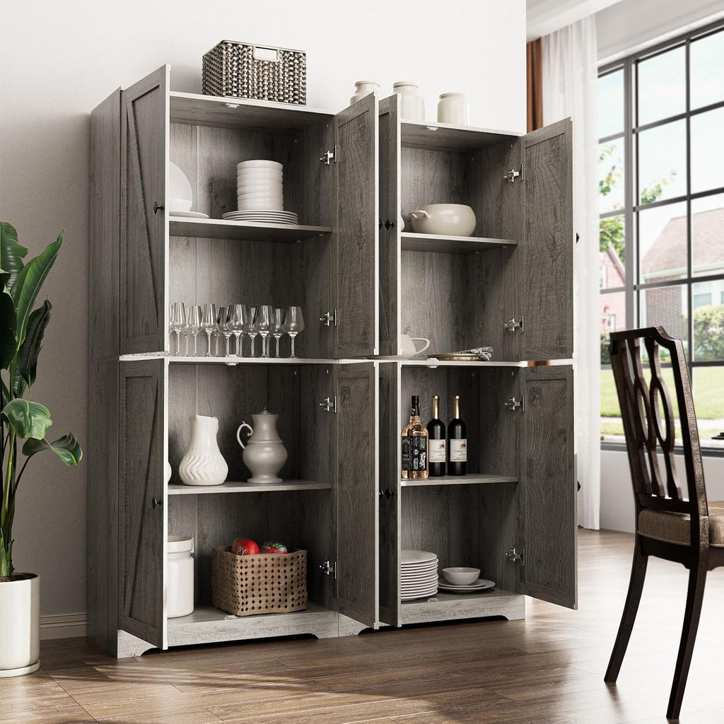 LYNSOM Farmhouse Storage Cabinet 72" Tall, Kitchen Pantry Cabinet with 4 Barn Doors and Adjustable Shelves, Freestanding Storage Cabinets for Kitchen, Grey