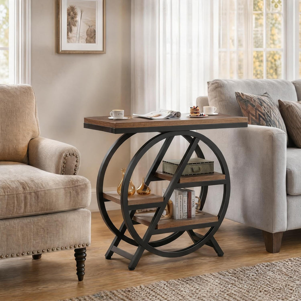 Tribesigns Side Table for Living Room, 4-Tier Narrow End Table with Storage, Industrial Wooden Beside Tables with Geometric Metal Frame, Nightstand for Small Spaces, Bedroom, Rustic Brown