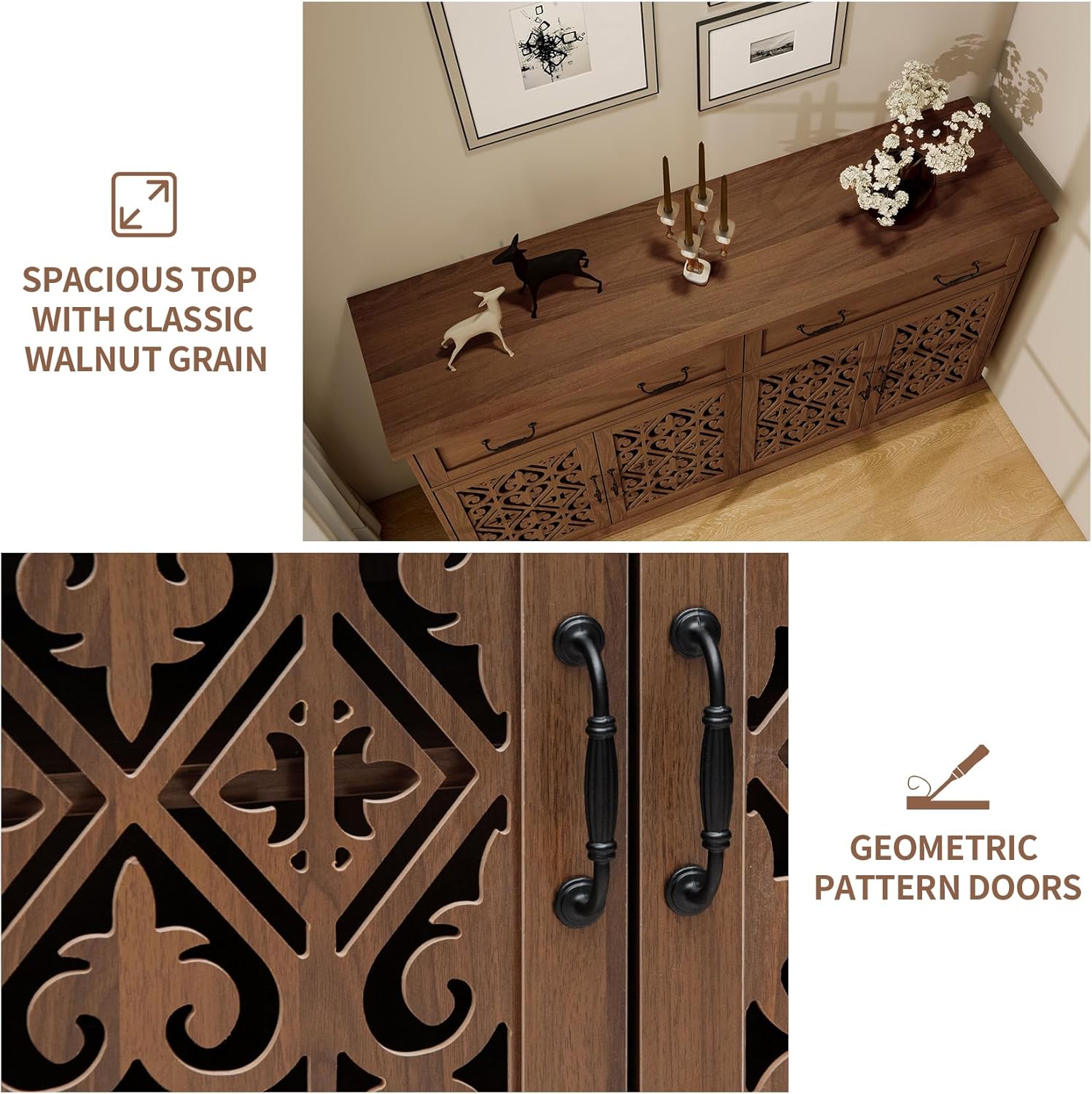 59" Accent Sideboard Buffet Cabinet with Storage,Credenza with Vintage Carved Doors and Adjustable Shelves,Entryway Cabinet,Storage Cabinet for Living Room,Dining Room,Entryway,Walnut