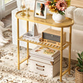 Small Entryway Table Bamboo 30.7", Narrow Hallway Table Oval Top 2-tier, Slim Console Table with Anti-fall Edge, Sofa Side Table 5min Easy Assembly, Small TV Stand for Bedroom, Indoor Plant Stand