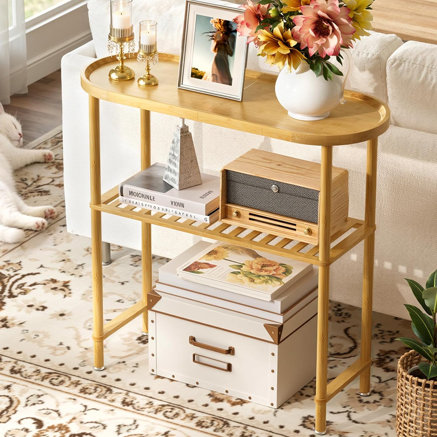 Small Entryway Table Bamboo 30.7", Narrow Hallway Table Oval Top 2-tier, Slim Console Table with Anti-fall Edge, Sofa Side Table 5min Easy Assembly, Small TV Stand for Bedroom, Indoor Plant Stand