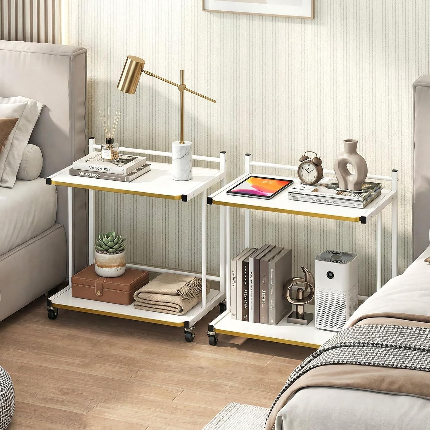 Giantex Mobile C-Shaped End Table - 2-Tier Sofa Couch Bed Side Table w/Open Storage Shelves & Golden Edge Banding for Living Room Bedroom Office, Modern Rolling Desk on Wheels for Laptop Coffee (1)