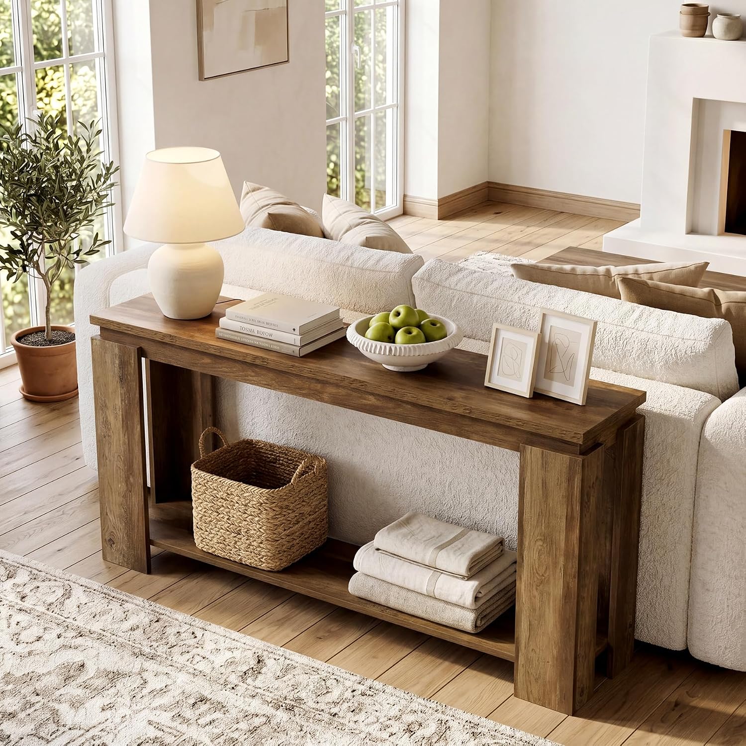 LITTLE TREE Long Entryway Table, 63-Inch Narrow Farmhouse Console Sofa Table for Behind Couch, Hallway, Entry Way, Entrance, Foyer, Living Room with 2-Tier Shelves, Vintage Brown