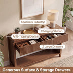 Seang Fluted Sofa Table with Power Outlets,47" Narrow Console Table with 2 Drawers Behind Couch,Curved Entryway Tables with Open Storage for Entrance,Hallway,Living Room,Dark Walnut