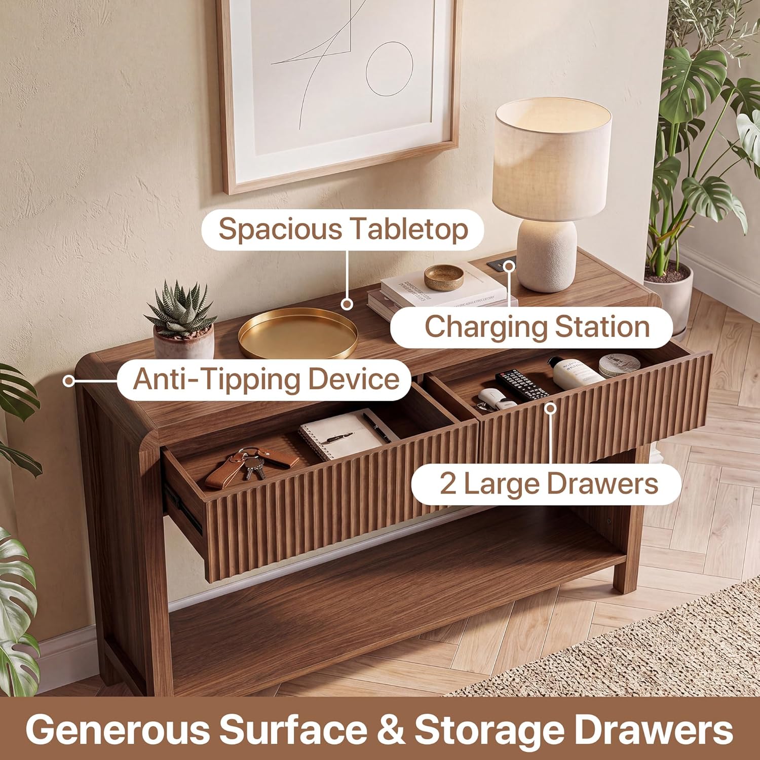 Seang Fluted Sofa Table with Power Outlets,47" Narrow Console Table with 2 Drawers Behind Couch,Curved Entryway Tables with Open Storage for Entrance,Hallway,Living Room,Dark Walnut