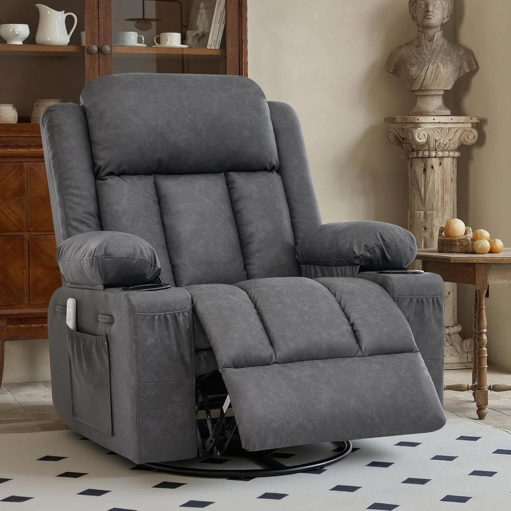 Rocker Recliner Chair with Heat and Massage,360°Swivel Nursery Recliner Chair for Adults,Modern PU Leather Recliner Single Sofa Seat with 2 Cup Holders and Side Pocket (Grey)