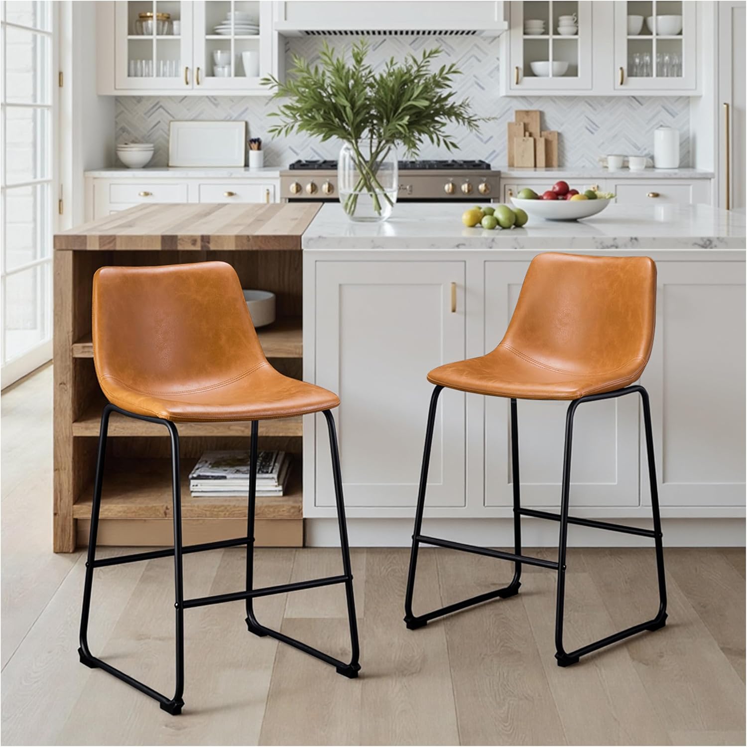 STOOLINK 26 Inch Bar Stools Set of 2, Counter Height Bar stools for Kitchen Island, Modern Crazy Horse Leather Bar Stool with Back and Metal Legs, Whiskey Brown