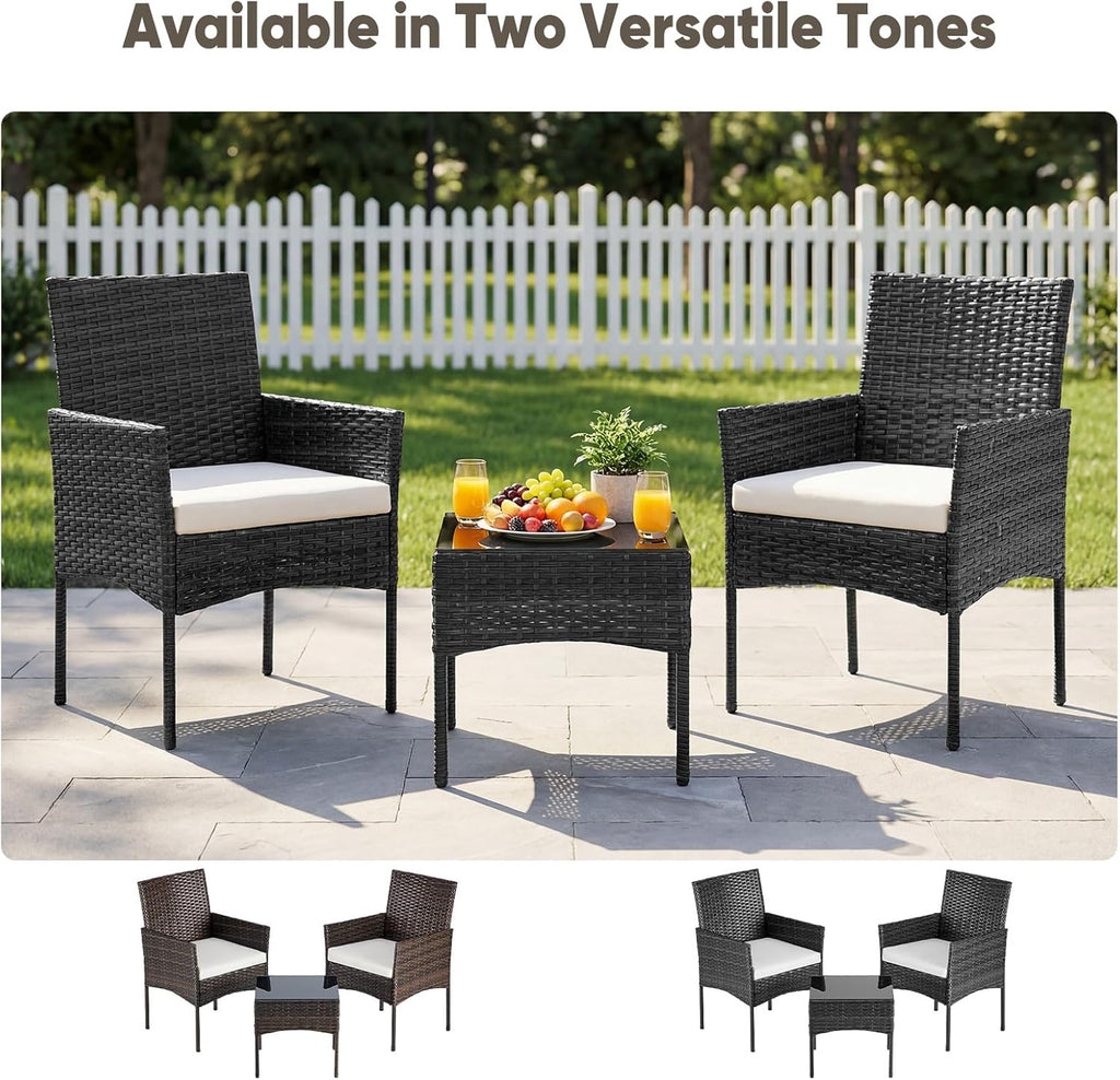 DUMOS 3-Piece Patio Furniture Set, All-Weather Outdoor Wicker Chairs with Removable Cushions & Tempered Glass Table, Small Bistro Set for Porch, Balcony, Lawn, Backyard, Black