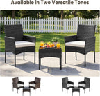 DUMOS 3-Piece Patio Furniture Set, All-Weather Outdoor Wicker Chairs with Removable Cushions & Tempered Glass Table, Small Bistro Set for Porch, Balcony, Lawn, Backyard, Black