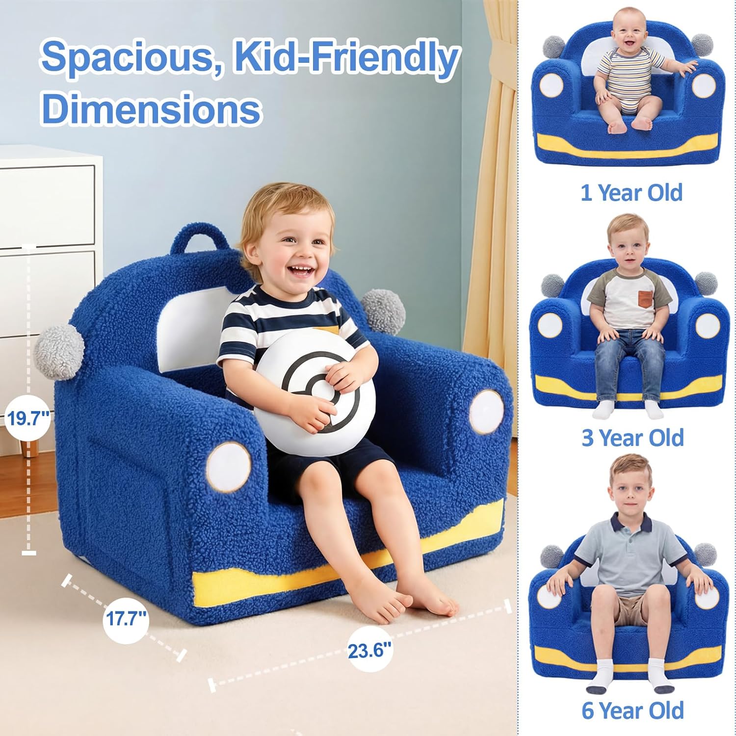OUOZZZ Kids Chair, Toddler Chairs Comfy 2-6 Years Old Boys | Soft Sherpa Foam, With Cushion, Handle, Book Pocket, Lightweight Playroom Furniture