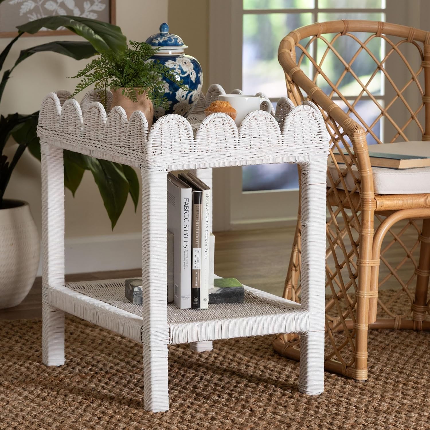 Bali & pari Sumana Natural Rattan Side Table - Handwoven Wicker 2-Tier Accent End Table with Scalloped Tray Top for Living Room, White