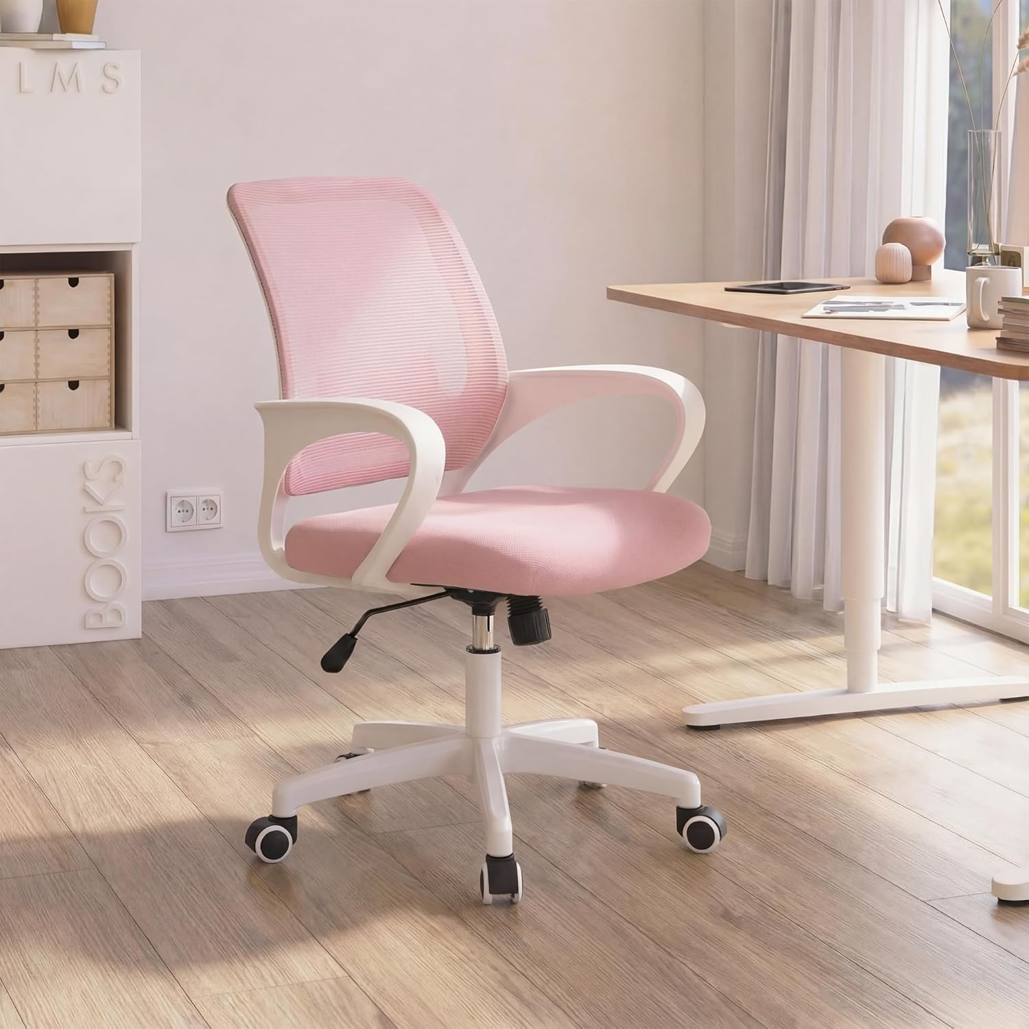 NEO CHAIR Office Desk Ergonomic Computer Mesh Chair with Lumbar Mid Back Support Adjustable Height Swivel Rolling Wheels Comfy Task Vanity Chair for Home Bedroom Study (Pastel Pink)