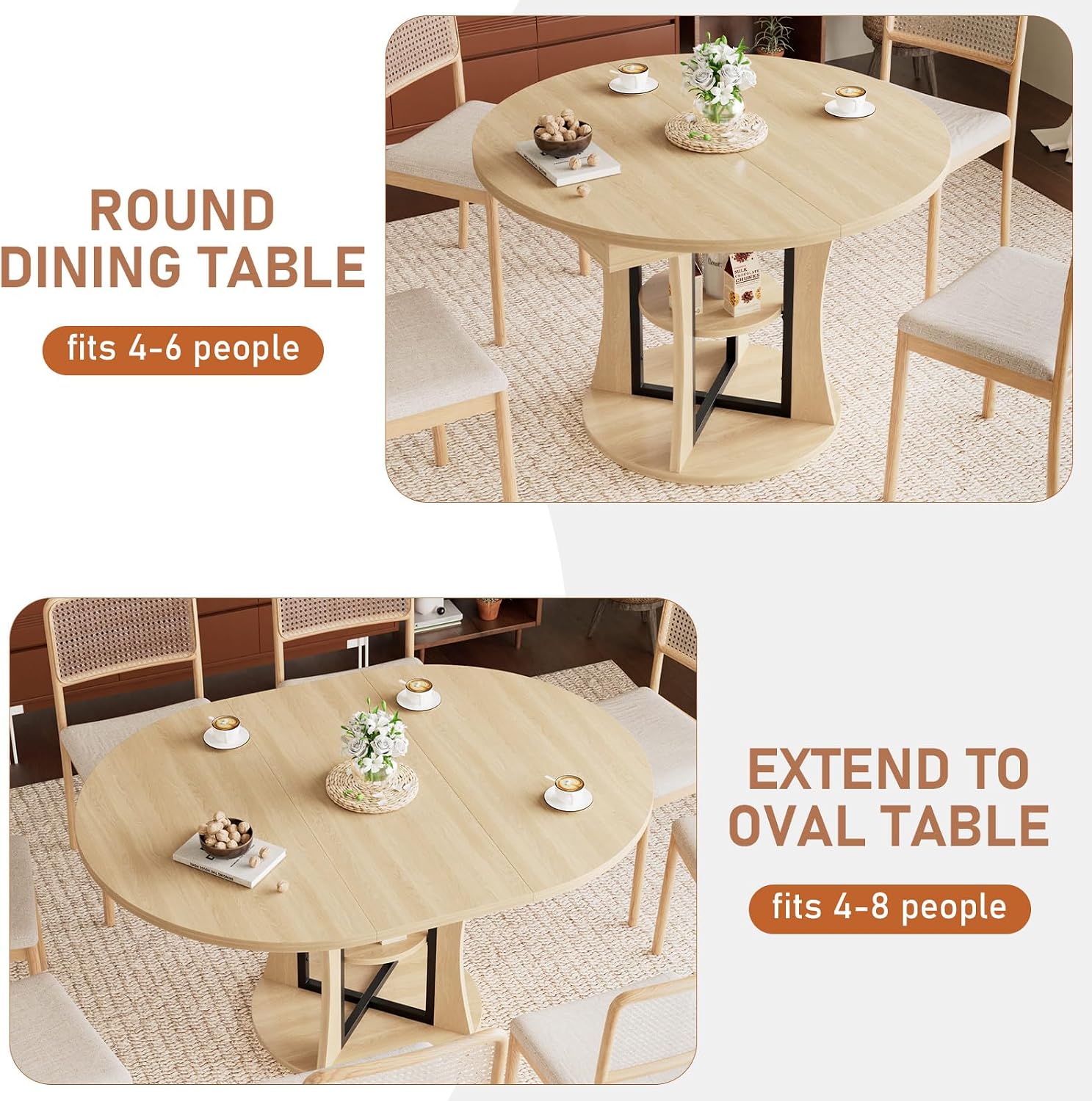 AwayHome 43.3''-59'' Extendable Round Dining Table for 4-8, Modern Kitchen Expandable Dining Table with Storage, Space Saving Circle Oval Kitchen Table with Leaf for Dining Room Living Room