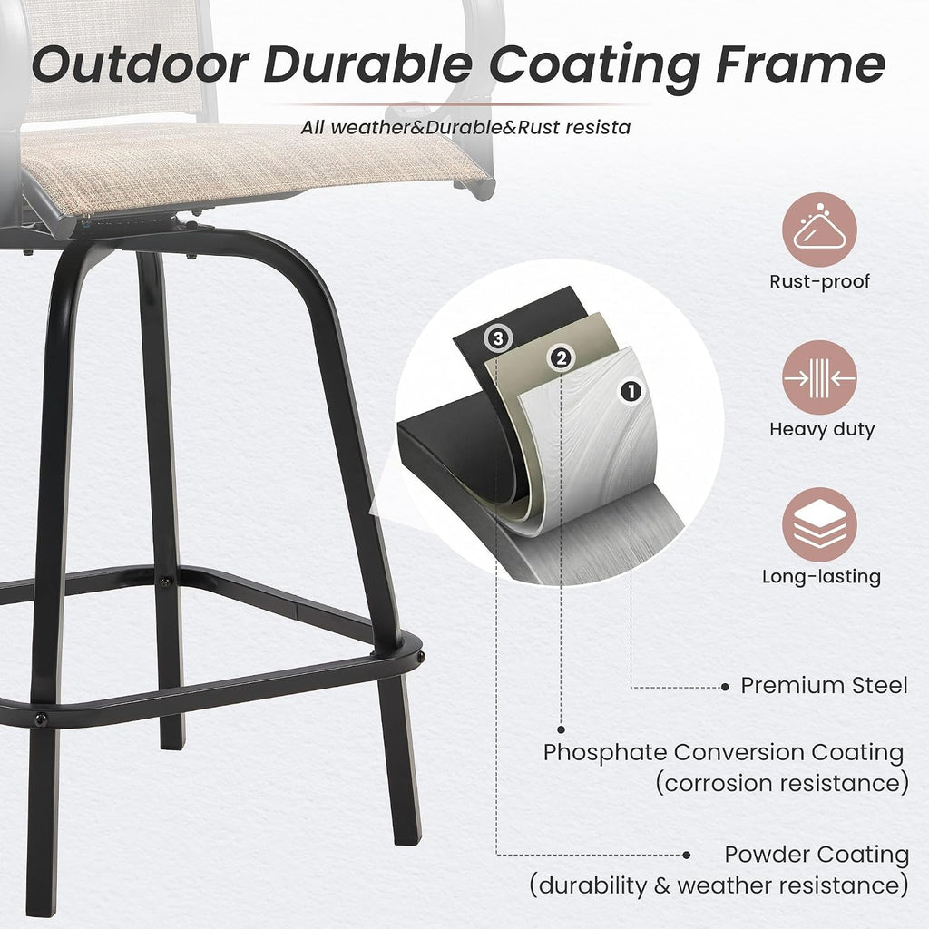 HOMREST Outdoor Swivel Bar Stools Set of 2, High Patio Swivel Bar Chairs with Padded Back & Seat, All-Weather Textilene Tall Patio Chair with Curved Armrest & Metal Footrest for Outside,Dark Brown