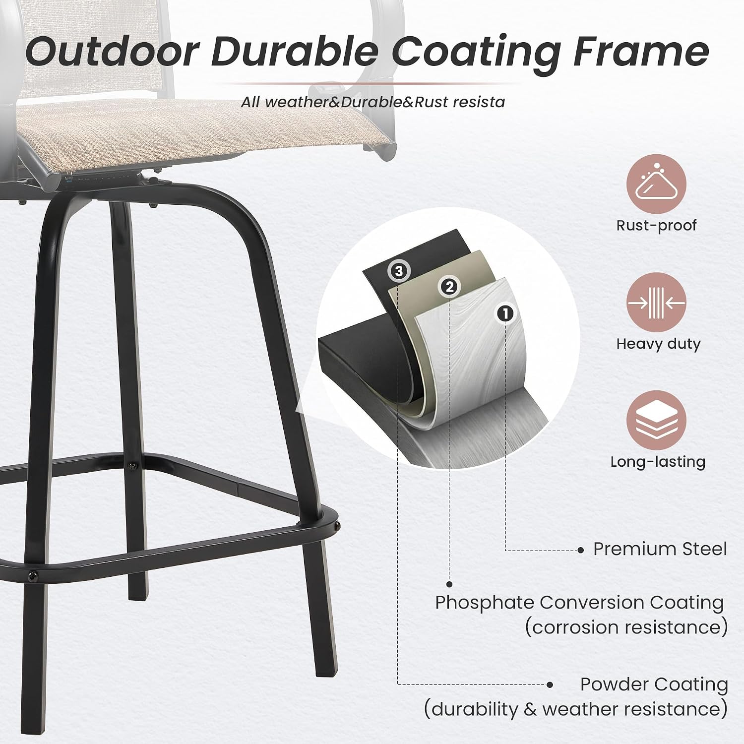 HOMREST Outdoor Swivel Bar Stools Set of 2, High Patio Swivel Bar Chairs with Padded Back & Seat, All-Weather Textilene Tall Patio Chair with Curved Armrest & Metal Footrest for Outside,Dark Brown