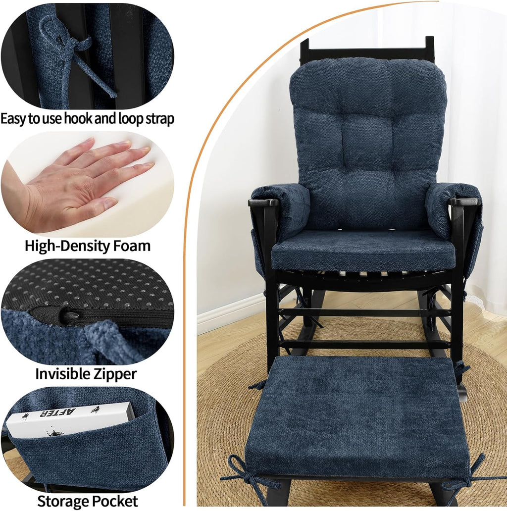 5 PCS Glider Rocker Replacement Cushions with Storage Side Pocket, Luxuriy Chenille Fabric Foam & Microfiber Filling, Thickened & Supportive Rocking Chair Cushion Set, Dark Blue