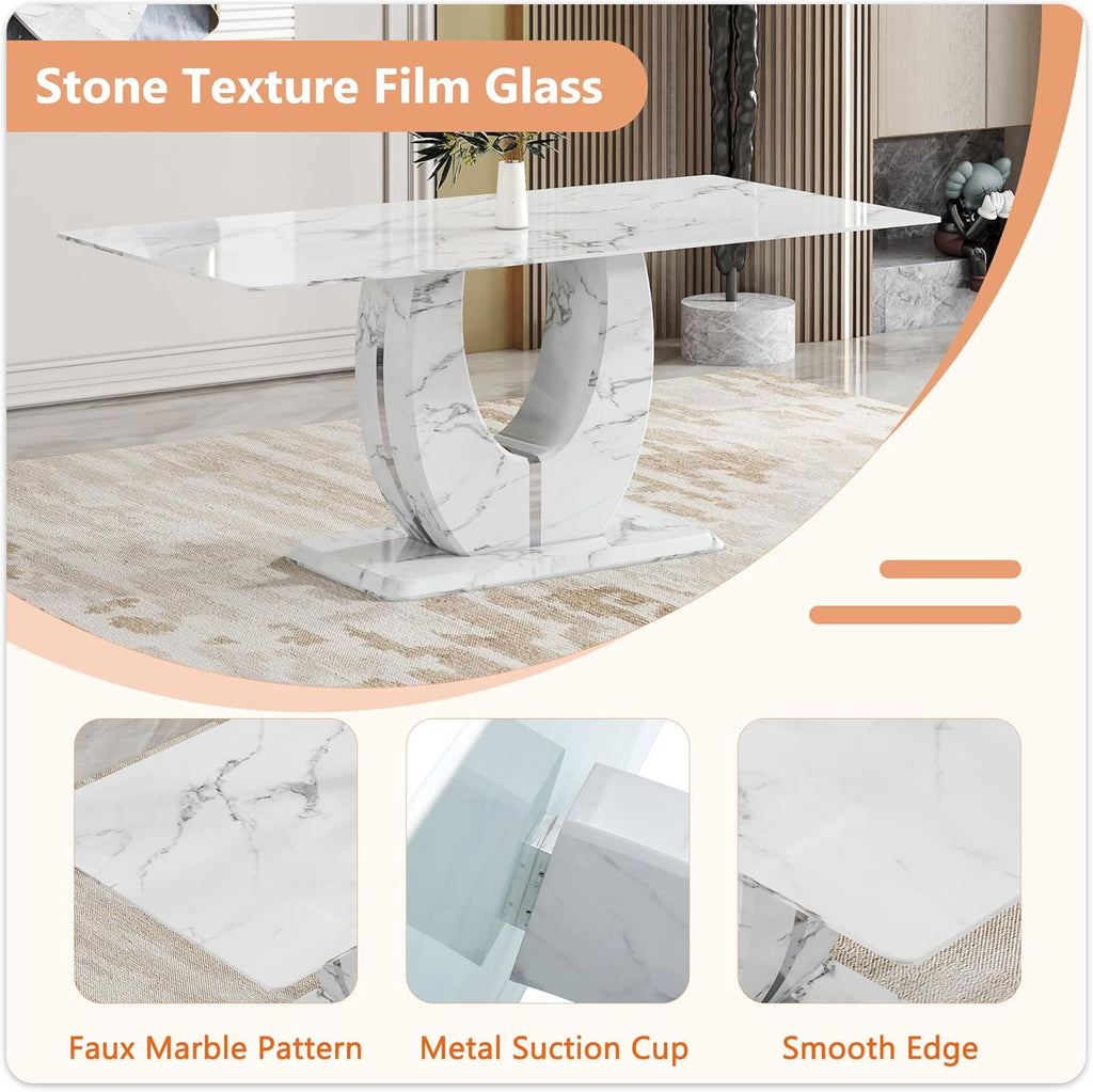 White Faux Marble Dining Table for 6/7/8｜Modern Luxury Dining Room Table｜71" Large Rectangular Kitchen Table with 0.4" Thick Tempered Glass Top for Family Gatherings