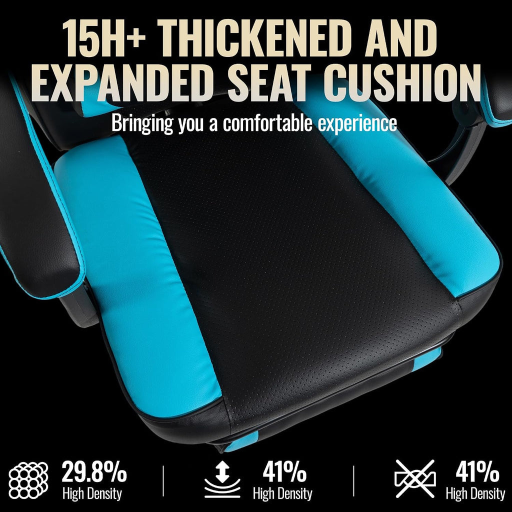 Massage Gaming Chair, Big and Tall Computer Game Chair with Lumbar Support & Footrest, Breathable PU Leather Gamer Office Desk Chair with Adjustable Height and 360° Swivel Wide Seat, Blue