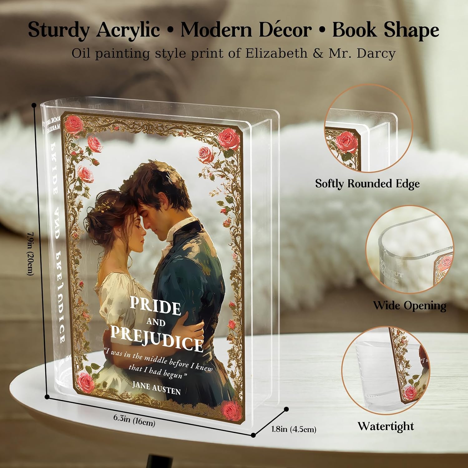 Alpharan Pride and Prejudice Inspired Book Vase, Flower Vases for Tables | Acrylic Book-Shaped Flower Vase,Bookshelf Decor,Book Lovers Book Club Gifts,Jane Austen Gifts, Birthday Gifts for Women Mom