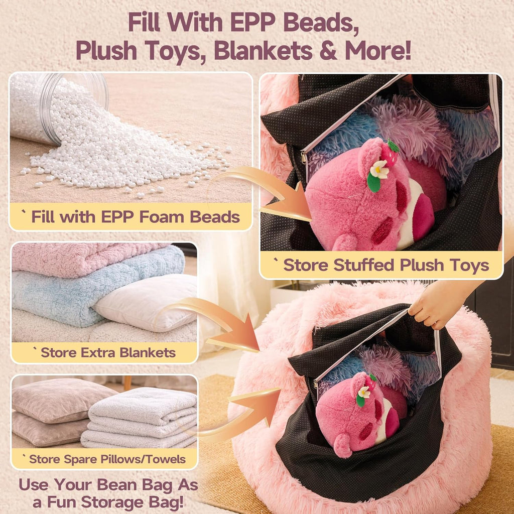 Pink fluffy bean bag chair covers (No Filler), comfy Plush Pink bean bag chair Cover for bedroom, stuffed animal Storage, kids adults teens girls bean bag chairs, Anti-Slip