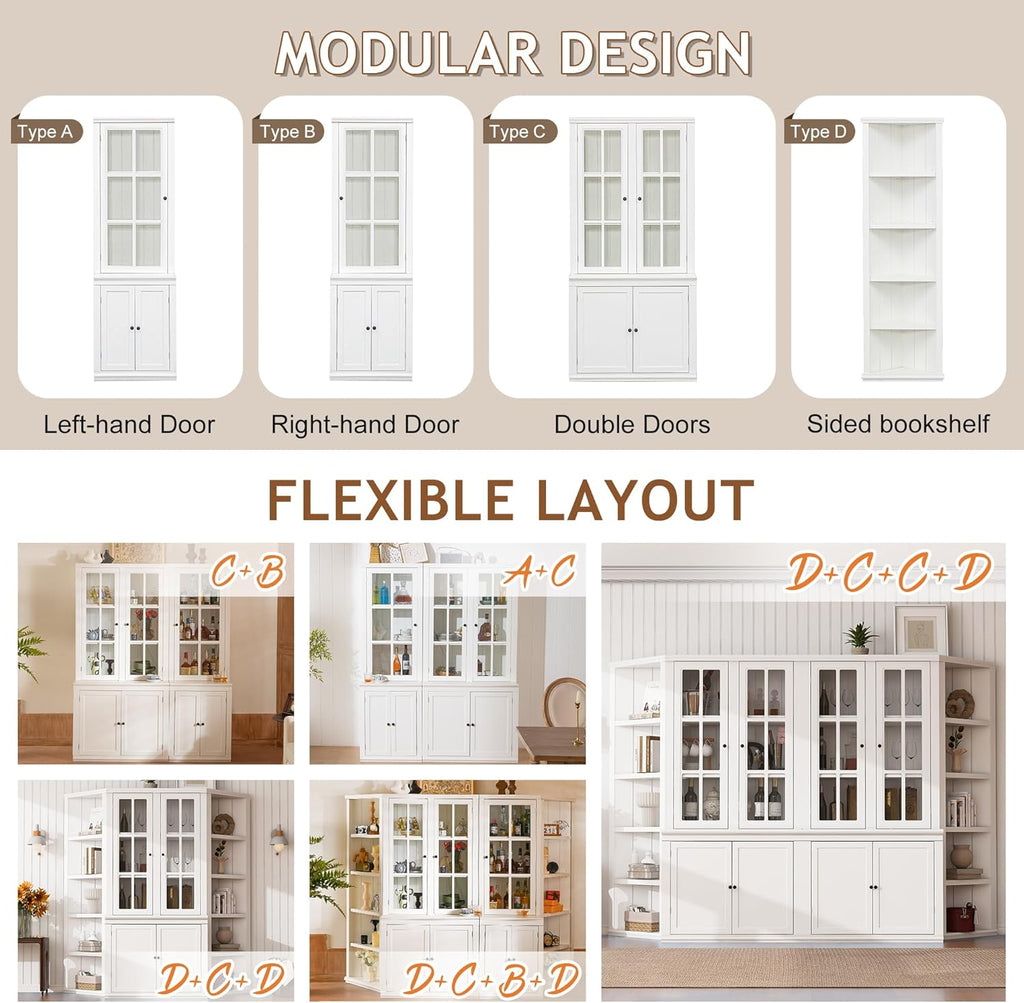 roomfitters 75.25'' Tall Pantry Cabinet with Glass Door, Farmhouse Hutch Display Cabinet with Storage for Kitchen, White