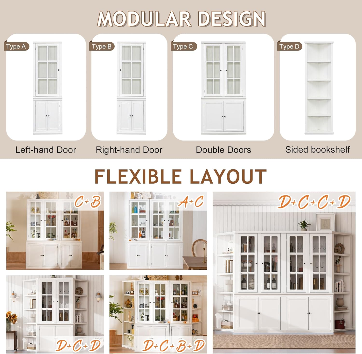 roomfitters Set of Two 75.25'' Pantry Cabinets with Glass Doors, Traditional Hutch Display Cabinet for Living Room and Kitchen, White