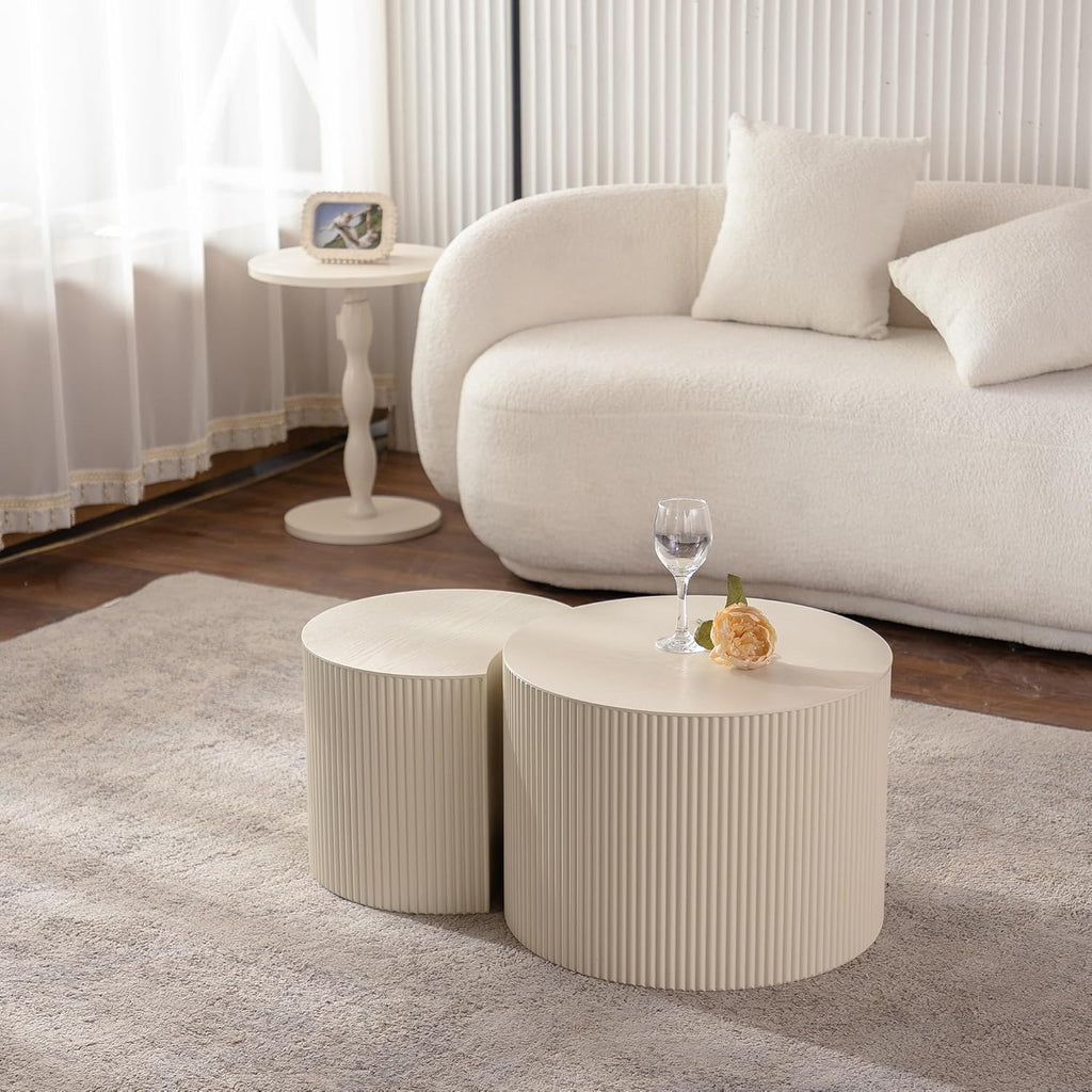 Nesting Coffee Table Set of 2, Round & Crescent Moon Wood Coffee Table and End Table Sets, Modern Luxury Accent Center Tea Table for Living Room Bedroom, （Beige + Cream, 18.9" & 14.96"