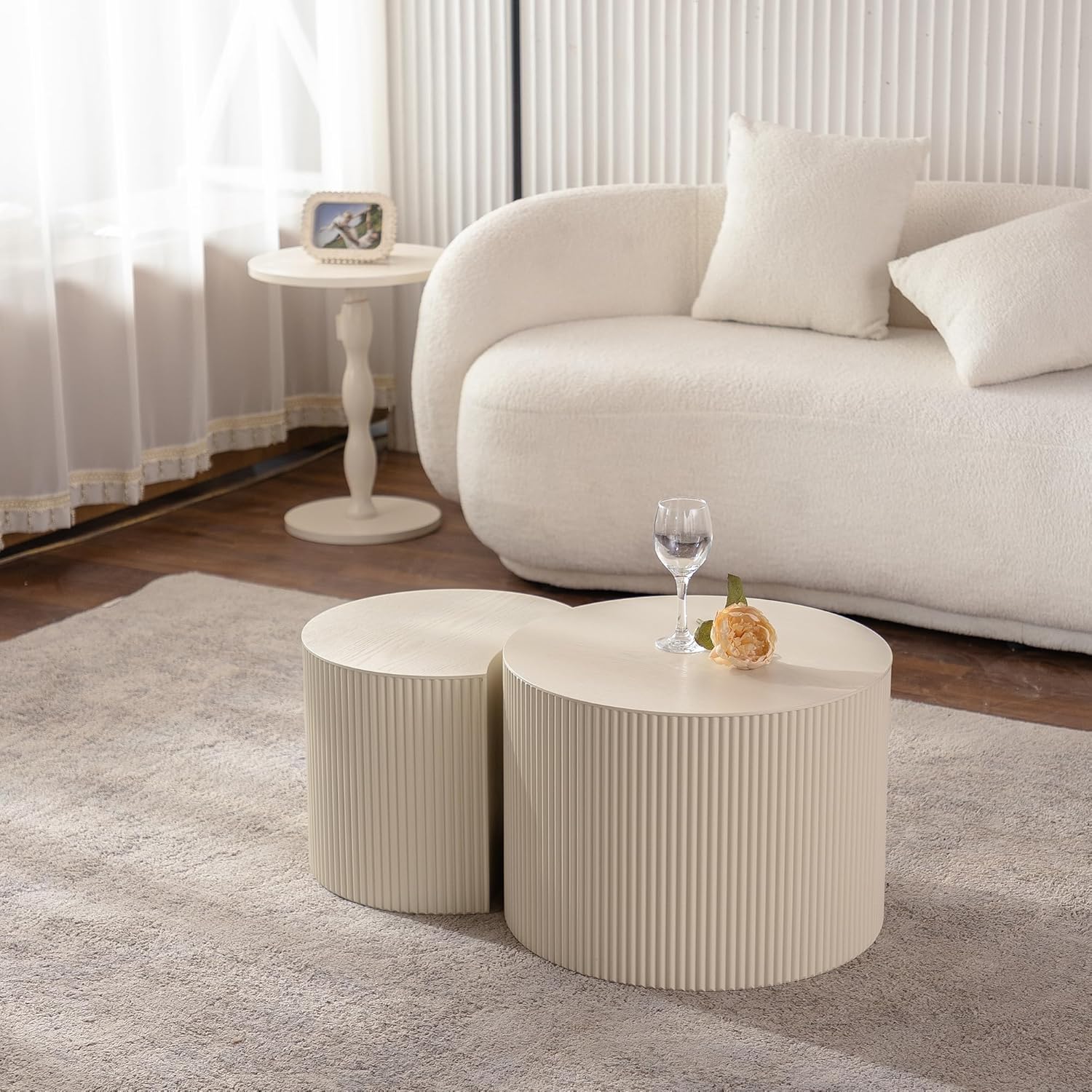 WILLIAMSPACE Beige Round Nesting Coffee Table Set of 2 with Wave Stripe, Modern Wooden Circle Drum Tables Center Table Accent Side Crescent Shape Table for Living Room, No Assembly, 18.9" + 14.96"