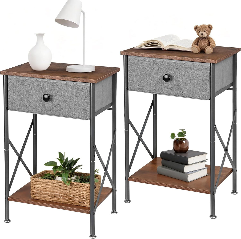 VECELO Night Stand Set of 2, Nightstand for Apartment, Dorm End Table for Small Spaces, Wood Side Table for Living Room, Bedside Table with Drawer for Bedroom, Easy Assembly, Rustic Brown