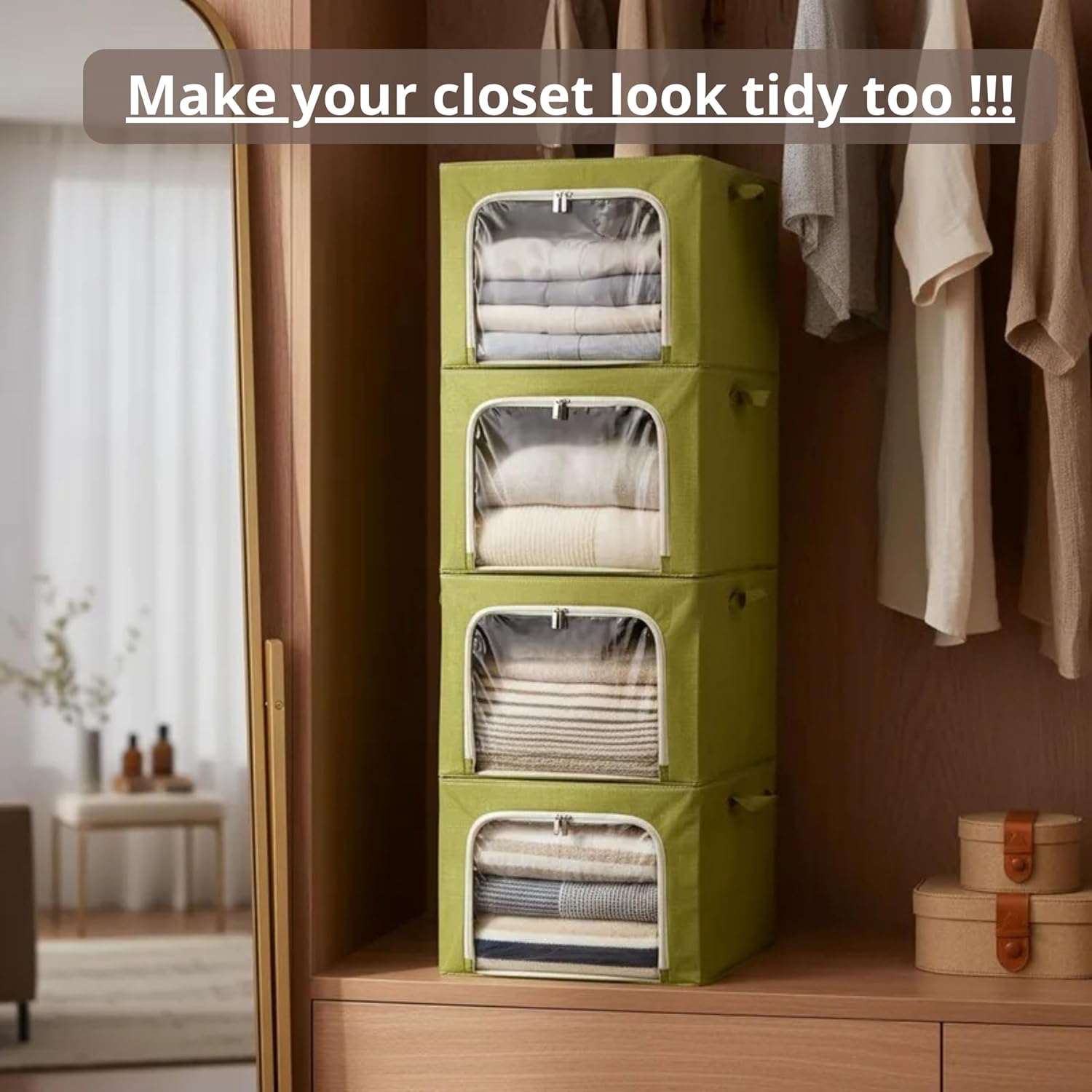 Closet Storage Bins - 3 Openings Clothes Cube Storage Bin with METAL FRAME (Green, 40L, 4 Units) - bed sheet organizer - blankets - bedsheet organizers - closet -sweater - hoodie - shoe