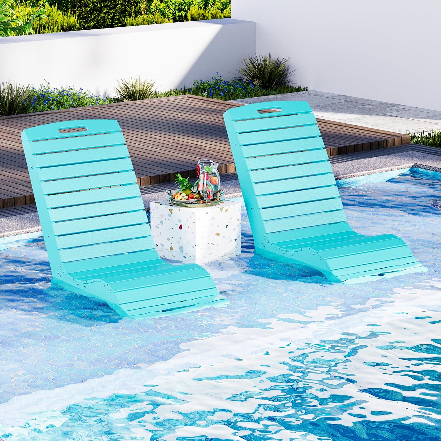 MELLCOM HDPE Pool Lounge Chairs Set of 2, in Pool Lounge Chairs up to 10-Inches of Water, Chaise Lounge Chairs with Wheels, S Shape Patio Lounge Chairs for Pool, Deck, Garden, Beach, Blue