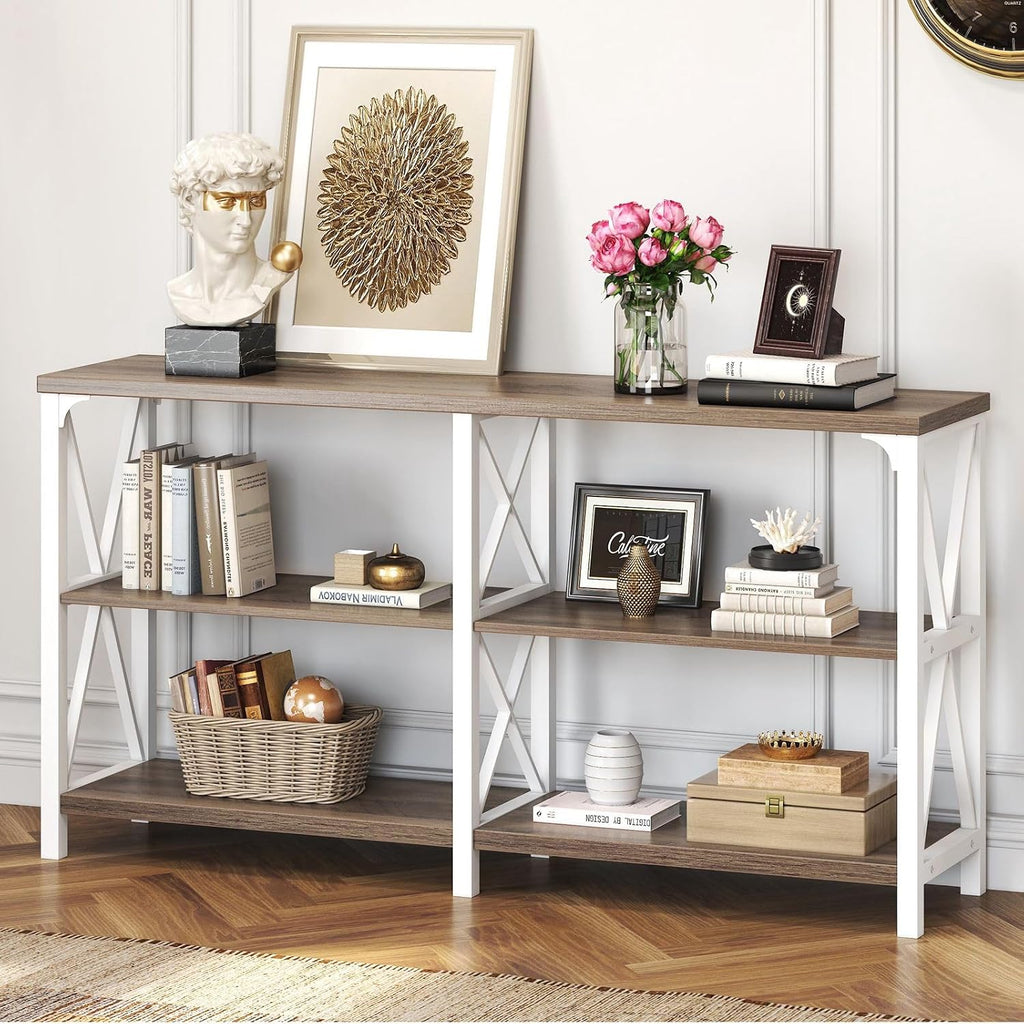 IBF Industrial Console Tables for Entryway, White and Rustic Oak, 63in | Farmhouse 3 Tier Wood and Metal Entryway Table with storage, Long Narrow Sofa Table Behind Couch