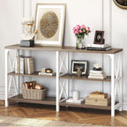 IBF Industrial Console Tables for Entryway, White and Rustic Oak, 63in | Farmhouse 3 Tier Wood and Metal Entryway Table with storage, Long Narrow Sofa Table Behind Couch