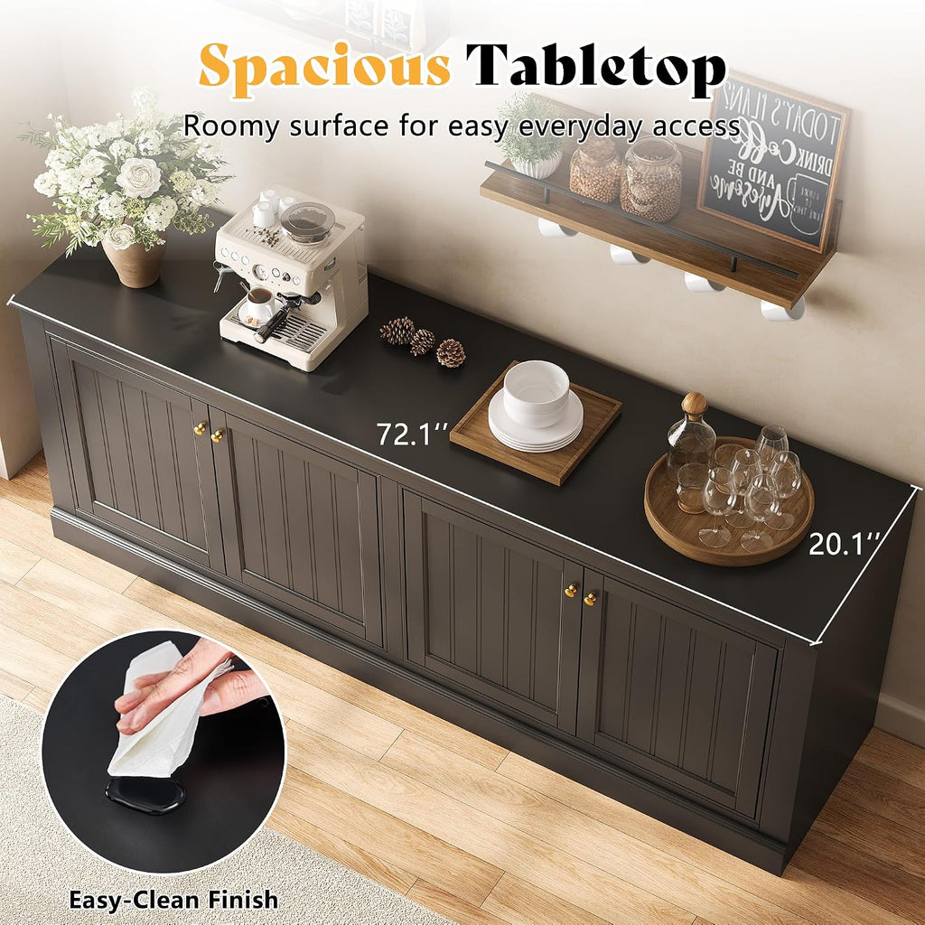 AMERLIFE 72" Modern Sideboard Buffet Cabinet with Vertical Grooved Doors, Storage Console Table with Adjustable Shelves, Coffee Bar/TV Stand for Dining Room, Living Room, Kitchen, Entryway, Black