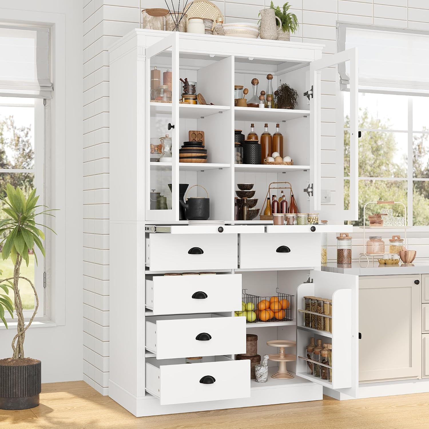Vintage 72" Freestanding Kitchen Pantry with Glass Doors, Coffee Bar Station, Adjustable Shelves & Serving Trays for Dining & Living Room (White20)