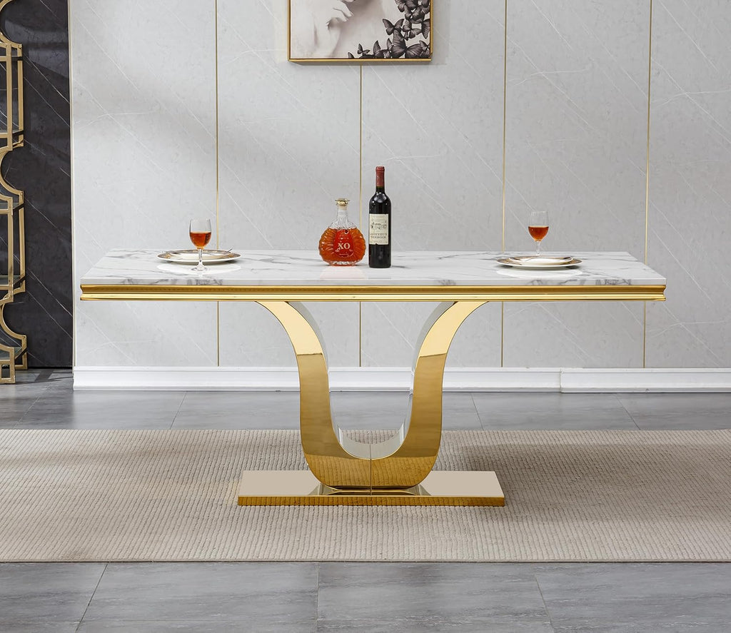 SSLine Modern White Marble Dining Table Set for 4,Luxury 68" Faux Marble Kitchen Table with Velvet Tufted Chairs for 4,5-Piece Dining Room Table Set with Gold Stainless Steel U-Shape Base