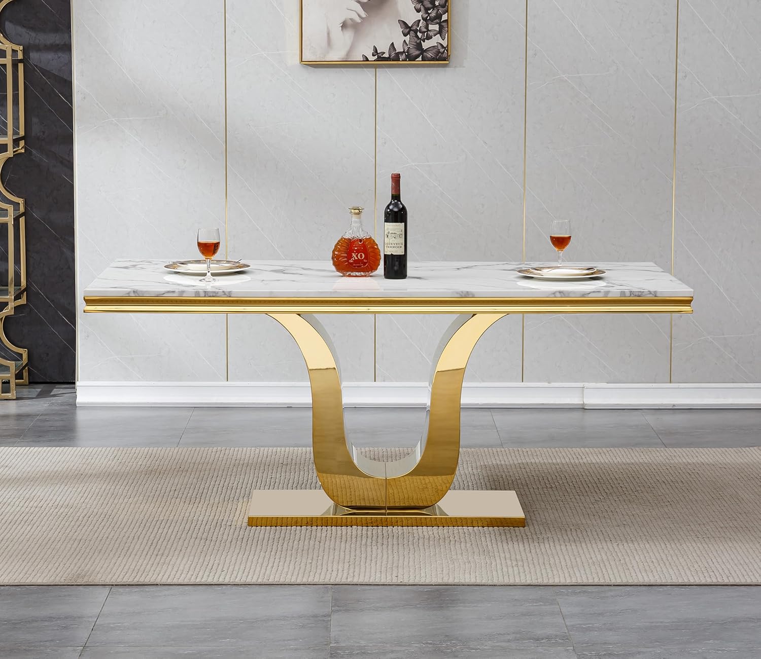 SSLine Modern White Marble Dining Table Set for 4,Luxury 68" Faux Marble Kitchen Table with Velvet Tufted Chairs for 4,5-Piece Dining Room Table Set with Gold Stainless Steel U-Shape Base