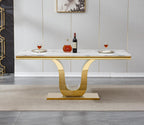 White Marble Dining Table for 6 Modern Luxury Faux Marble Kitchen Table for 6, 68" Large Dining Room Tables with U-Shape Gold Stainless Steel Base