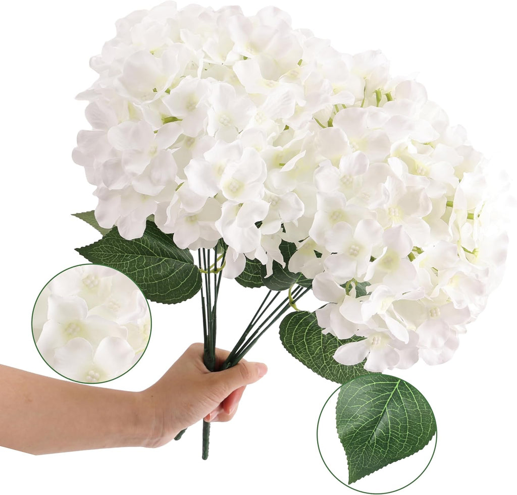 Auihiay 12 Bundles Hydrangea Artificial Flowers for Outdoors and Indoor, UV Resistant White Hydrangeas, Faux Silk Hydrangea Flowers for Porch, Yard, Patio, Outdoors Wedding, Home Decoration