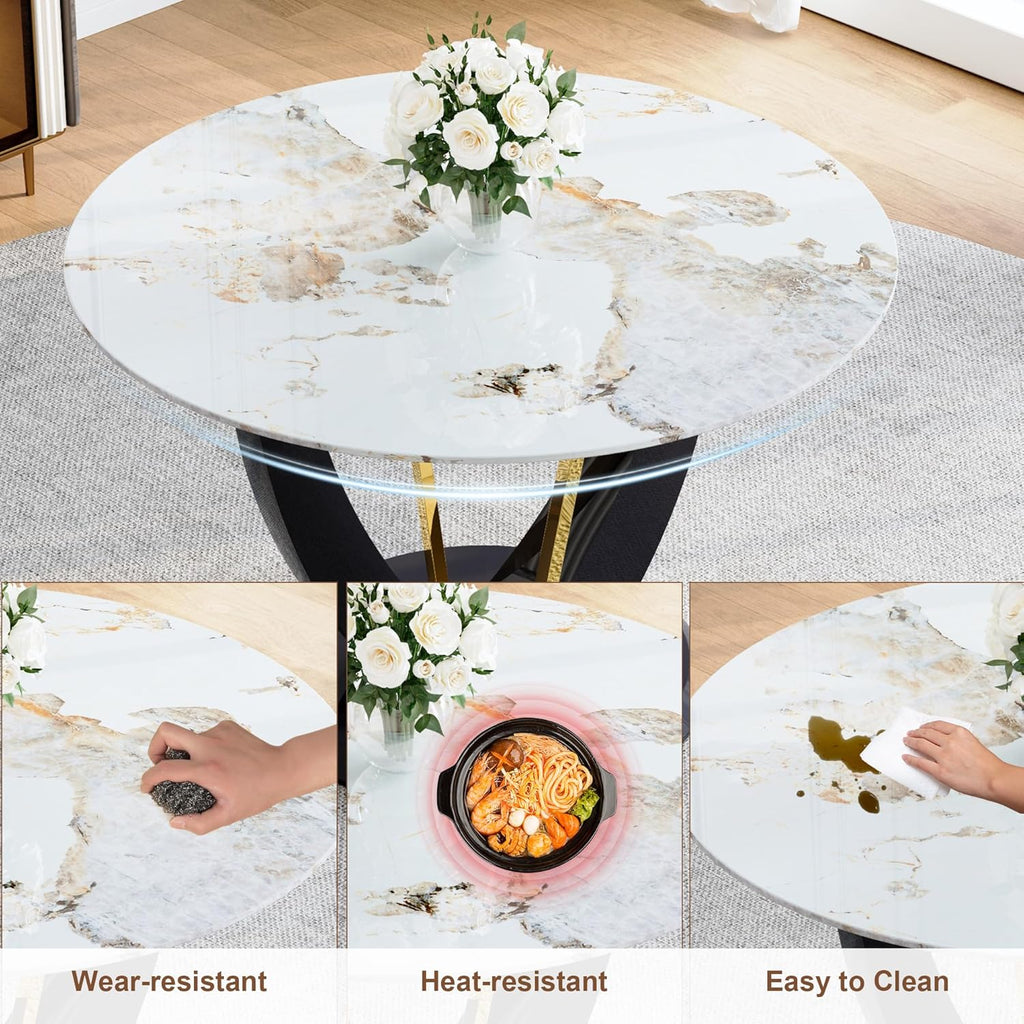 42" Round Dining Table for 4-6, Modern Faux Marble Kitchen Tabletop with Black Wood Pedestal and Gold Metal Frame, Circle Dinner Table for Dining Room