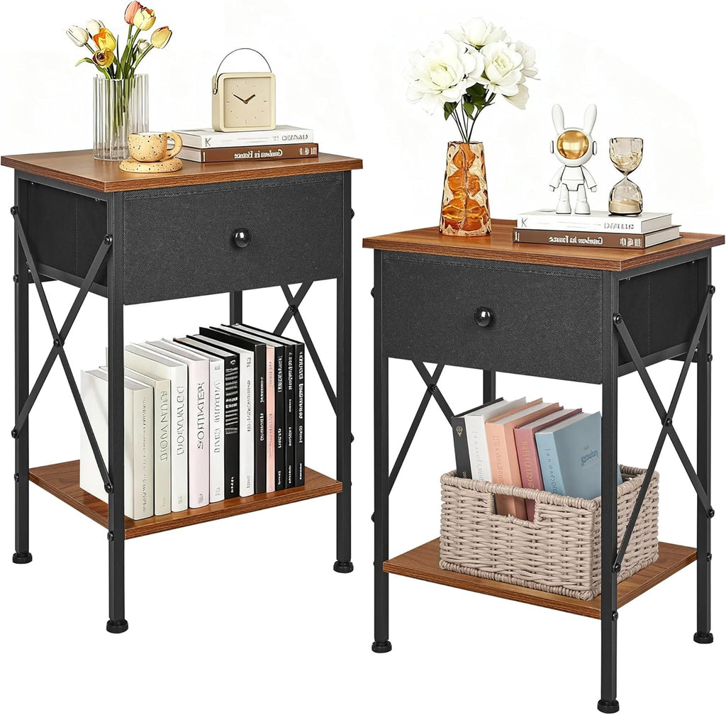 VECELO Nightstand Set of 2, X-Design End Side Table with Fabric Storage Drawer and Open Shelf, Bedside Night Stand with Steel Frame for Bedroom, Living Room,Dorm, Easy Assembly, Classic Brown