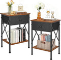 VECELO Nightstand Set of 2, X-Design End Side Table with Fabric Storage Drawer and Open Shelf, Bedside Night Stand with Steel Frame for Bedroom, Living Room,Dorm, Easy Assembly, Classic Brown