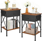 VECELO Nightstand Set of 2, X-Design End Side Table with Fabric Storage Drawer and Open Shelf, Bedside Night Stand with Steel Frame for Bedroom, Living Room,Dorm, Easy Assembly, Classic Brown