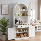 75" Tall Arched Kitchen Pantry Cabinet with Charging Station, Farmhouse Hutch Storage Cabinet with 5-Tier Shelves and 2 Drawers, Home Bar White Cupboard for Kitchen, Dining Room, Living Room(White)