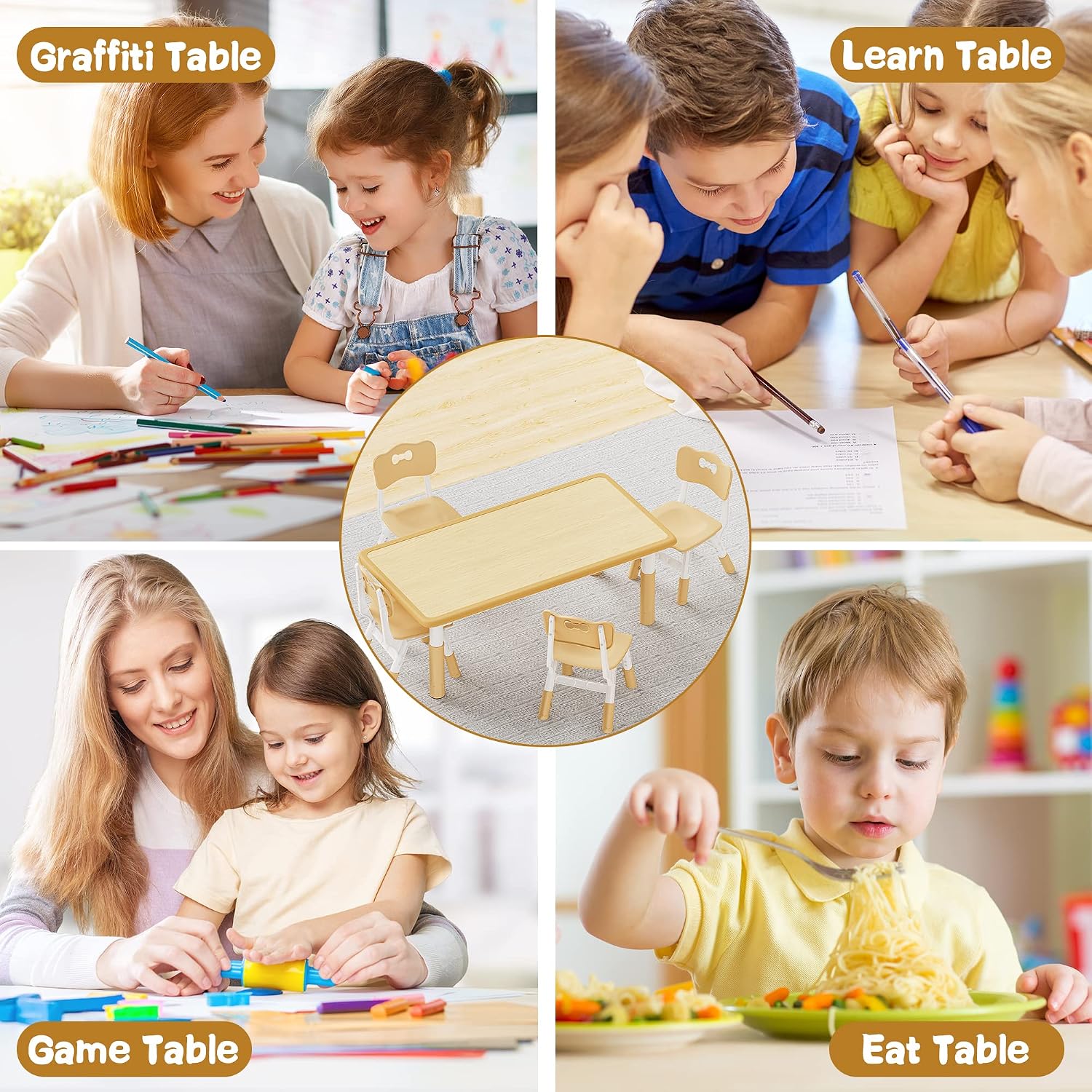 Brelley Kids Table and 4 Chairs Set, Height Adjustable Toddler Table and Chair Set, Graffiti Desktop, Non-Slip Legs, Max 300lbs, Children Multi-Activity Table for Ages 2-8