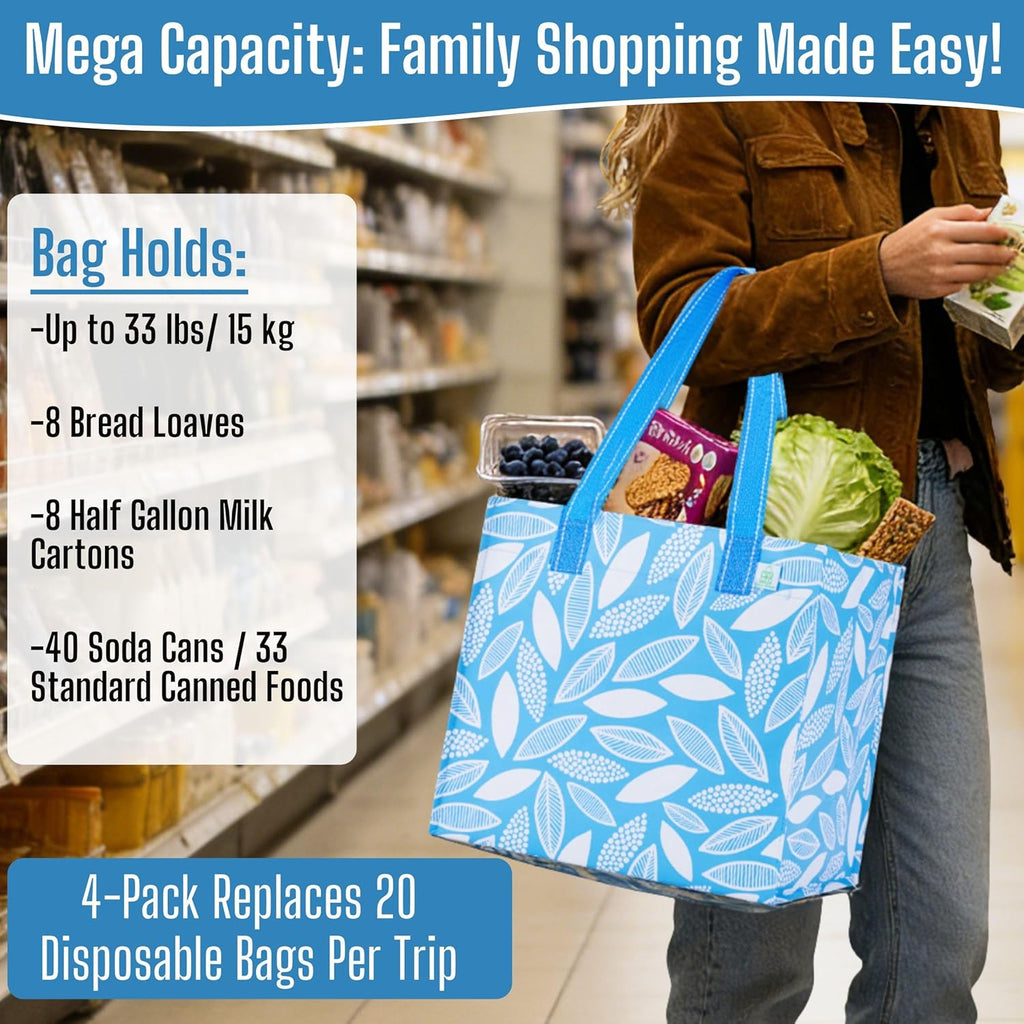 VENO 4 Pack Reusable Grocery Shopping Bags, Heavy-Duty Tote Bags with Handles, for Shopping Cart with Hard Bottom to Stand Upright, Foldable (Spring Breeze, 4 Pack)