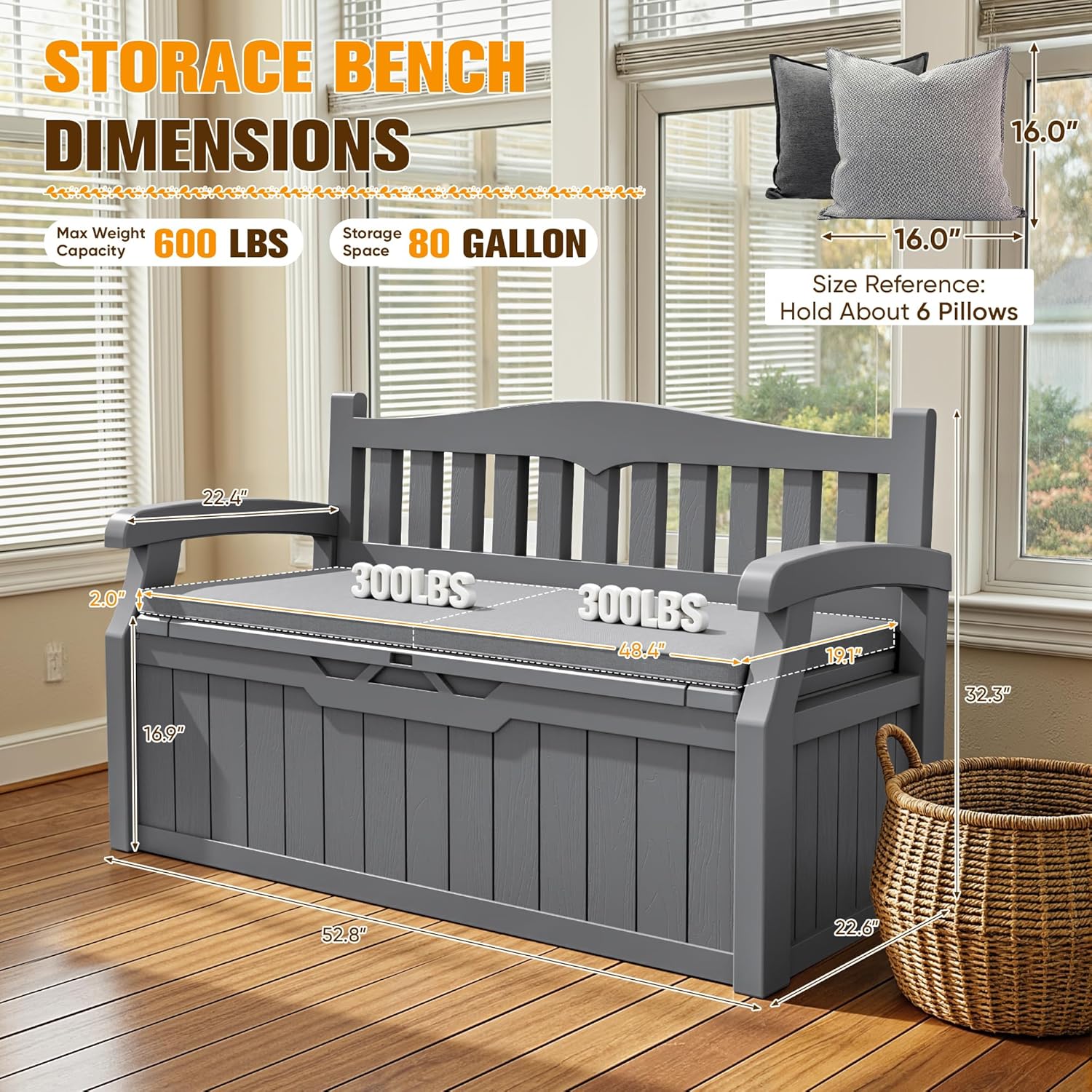 JUMMICO 80 Gallon Resin Outdoor Storage Bench with Cushion, Large Deck Box with Armrest, Lockable&Waterproof for Garden, Home, Patio, Pools (Grey, 80 Gallon)