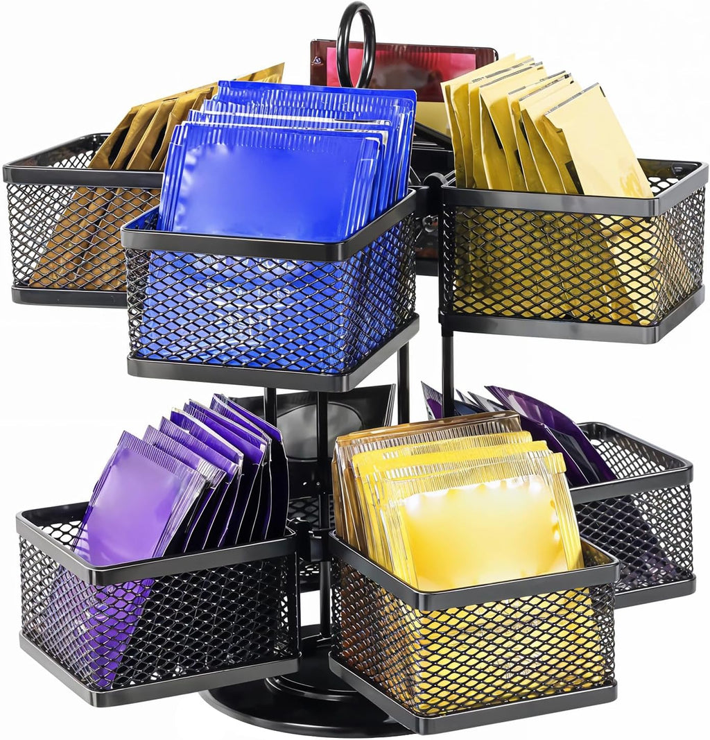 Tea Bag Organizer, Tea Bag Storage Holder Spinning Carousel 96 Teabags Container, Lazy Susan Coffee Creamer Sweetener Tea Caddy for Kitchen Counter Cabinet Pantry Shelf Organizer